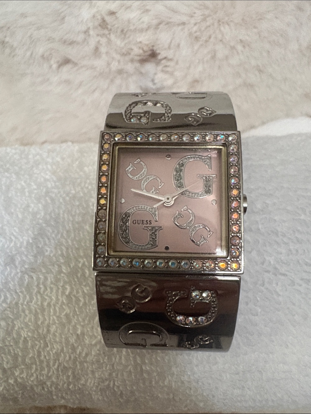 Guess Silver-Tone Bracelet Watch with Pink Dial and Crystal Accents